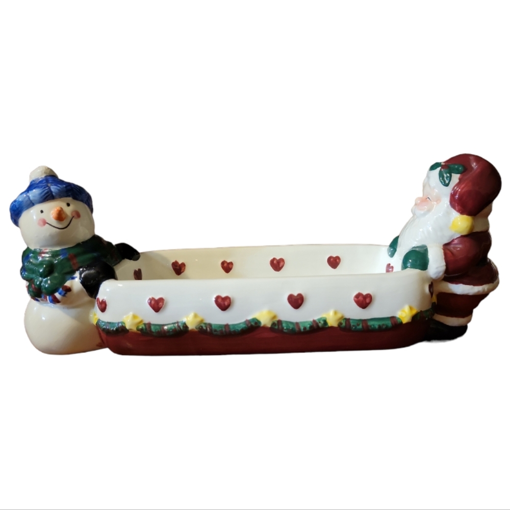 Vtg Christmas Earthenware Santa Snowman Ceramic Hearts Stars Candy Crackers Bowl
